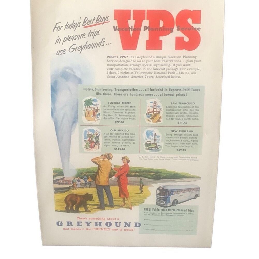 Vintage 1952 Greyhound Vacation Planning Service Ad Advertisement